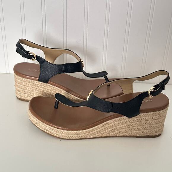 Michael Kors Laney Saffiano Leather Espadrille Wedge Sandals in Black (11) - Picture 11 of 14